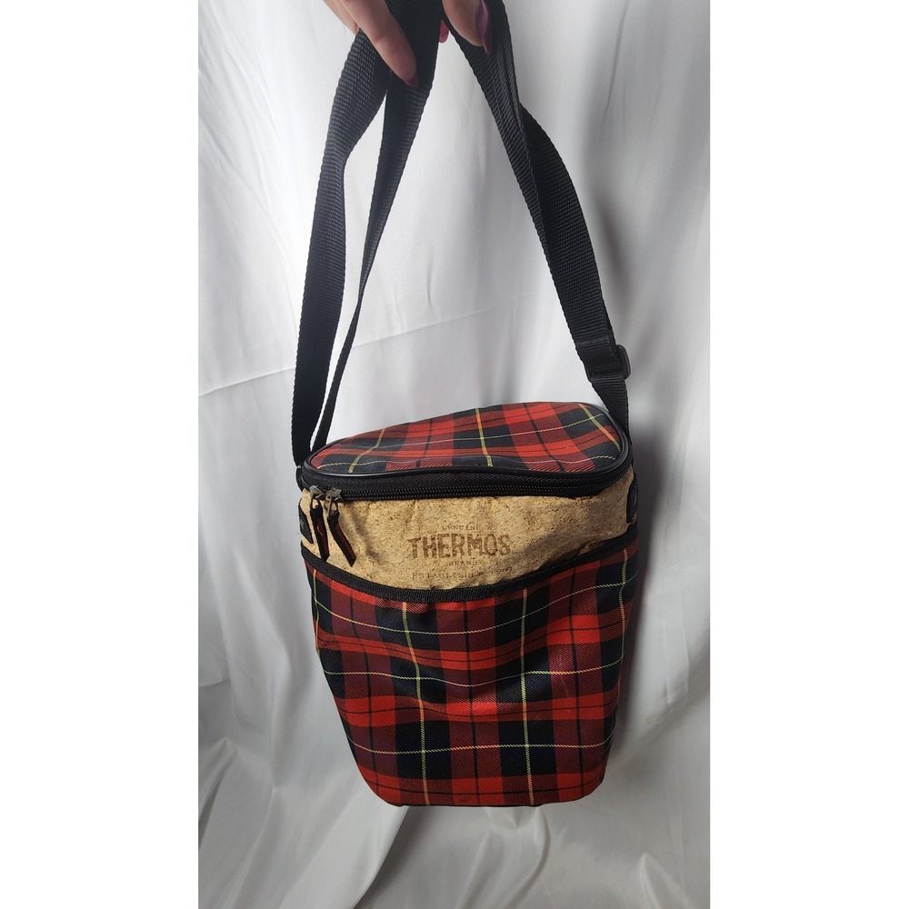 Retro Thermos Red Plaid Insulated Lunch Bag Cork Detail Adjustable Strap
